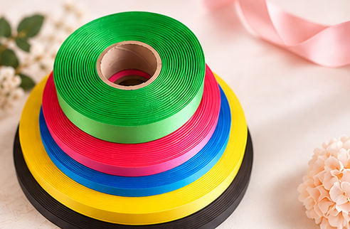 Stacked vibrant satin ribbon rolls in green, pink, blue, yellow and black