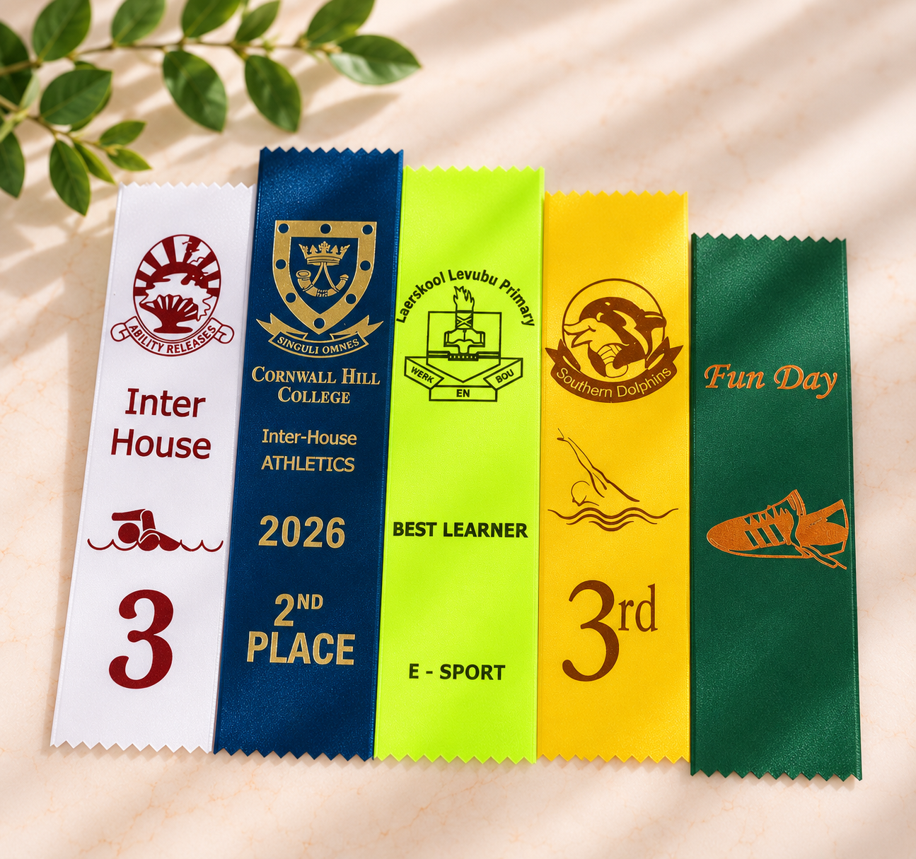 Colourful school and sports award ribbons for inter-house athletics, best learner and fun day events